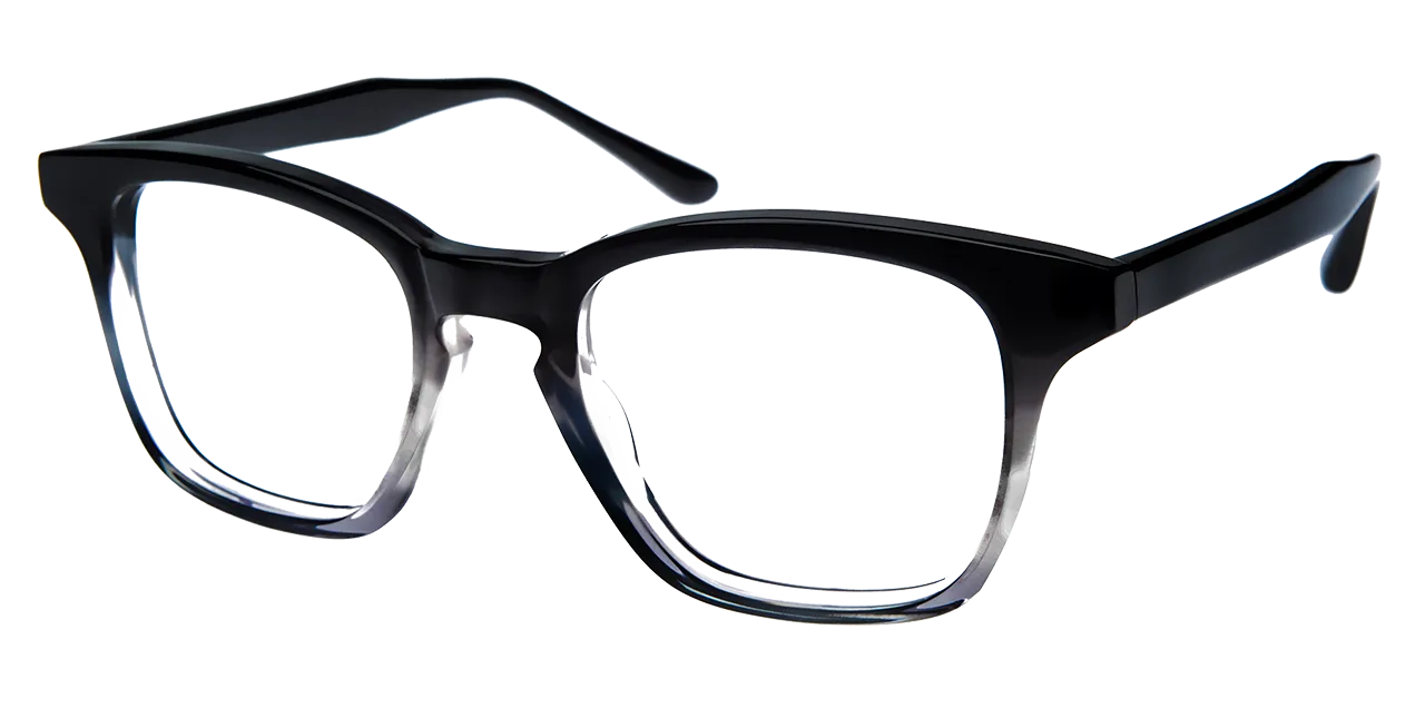 A pair of black acetate frames fading to clear at the bottom of each lens, seen from a three-quarter angle.